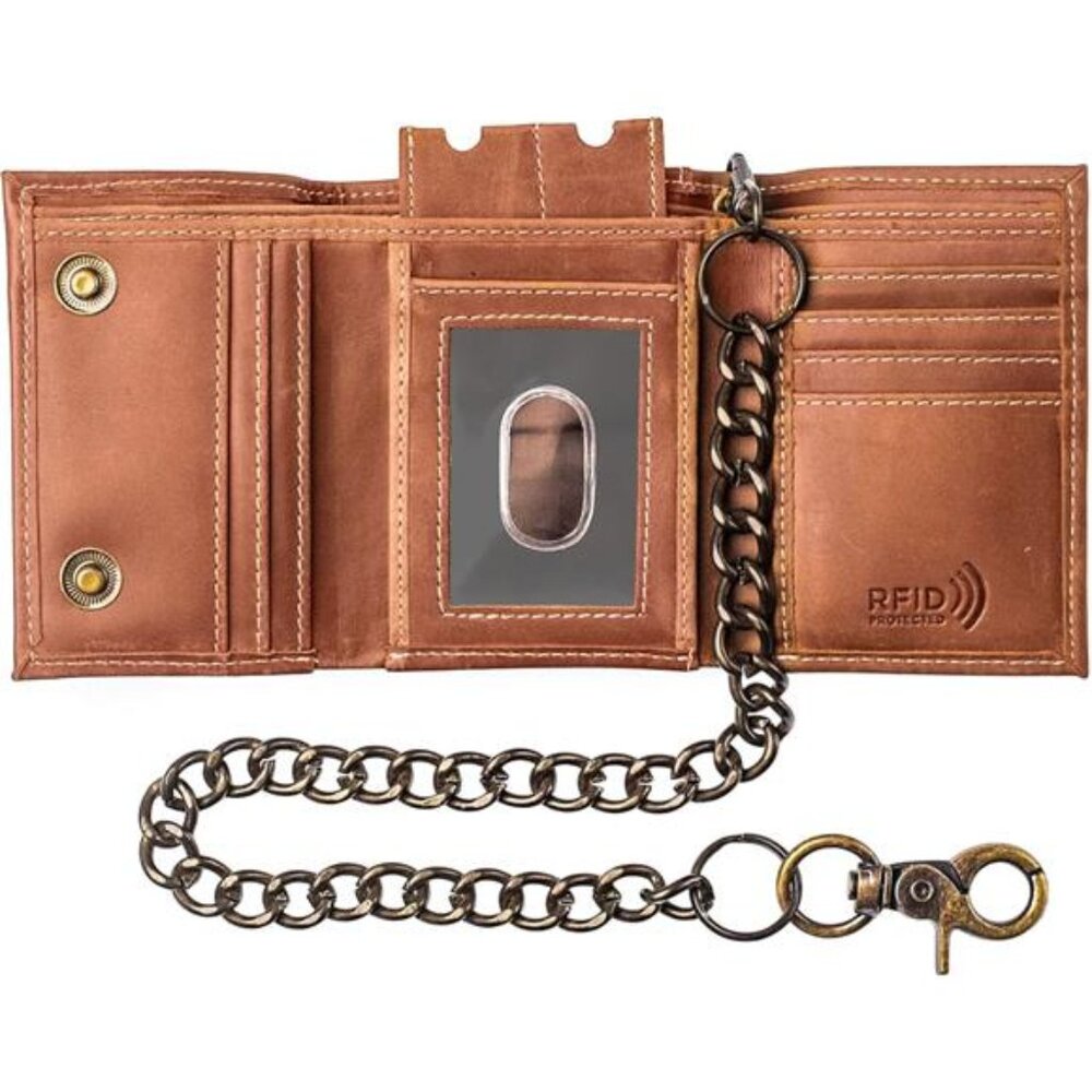 Chain Wallets for men Biker Chains Top-Grain Cow Leather Trifold Wallet